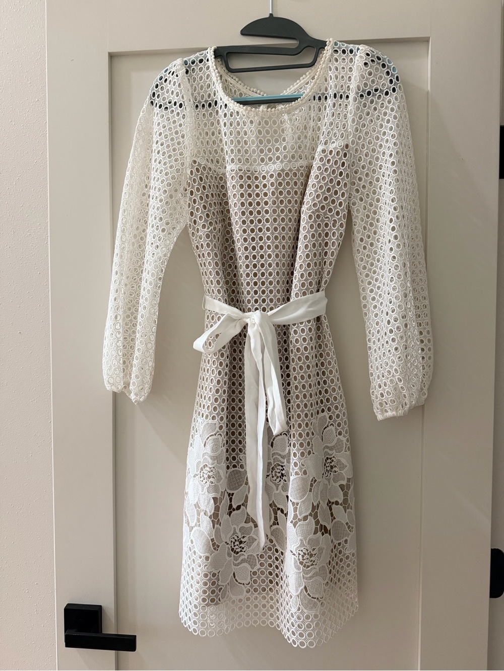 WHBM White Eyelet Lace Midi Dress with Tie Waist